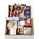 Two boxes containing Beatrix Potter collectables, Snoopy ornaments, Royal Doulton Bunnykins china,