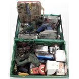 Two crates containing assorted power tools, LED magnifying glasses, rotary tool accessory set, etc.