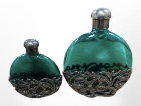 Two decorative green glass perfume bottles with Art Nouveau style mounts, tallest 9.