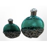 Two decorative green glass perfume bottles with Art Nouveau style mounts, tallest 9.