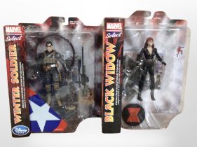 Two Marvel Select action figures, Black Widow and The Winter Soldier, boxed.