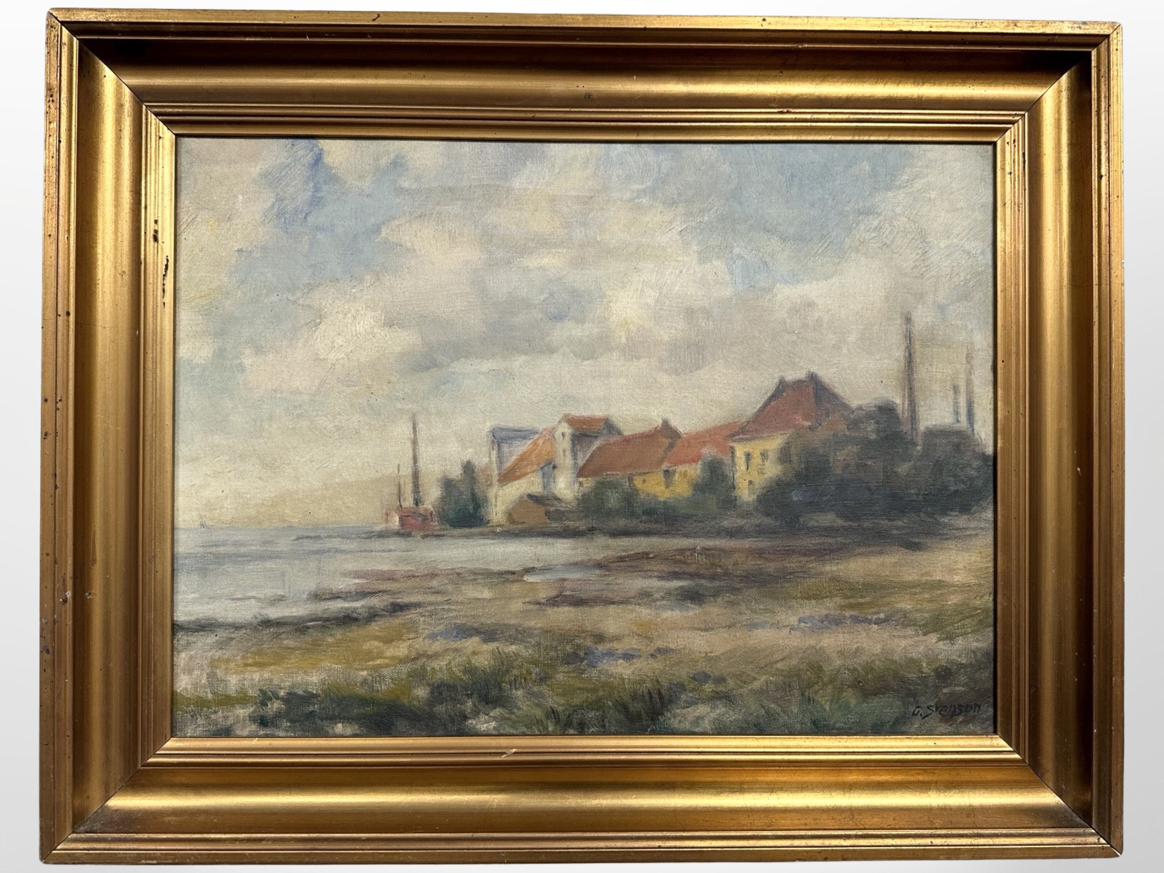 G Svensen : Buildings by a coast, oil on canvas, 39cm x 28cm.