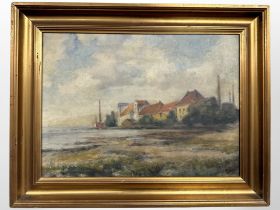 G Svensen : Buildings by a coast, oil on canvas, 39cm x 28cm.