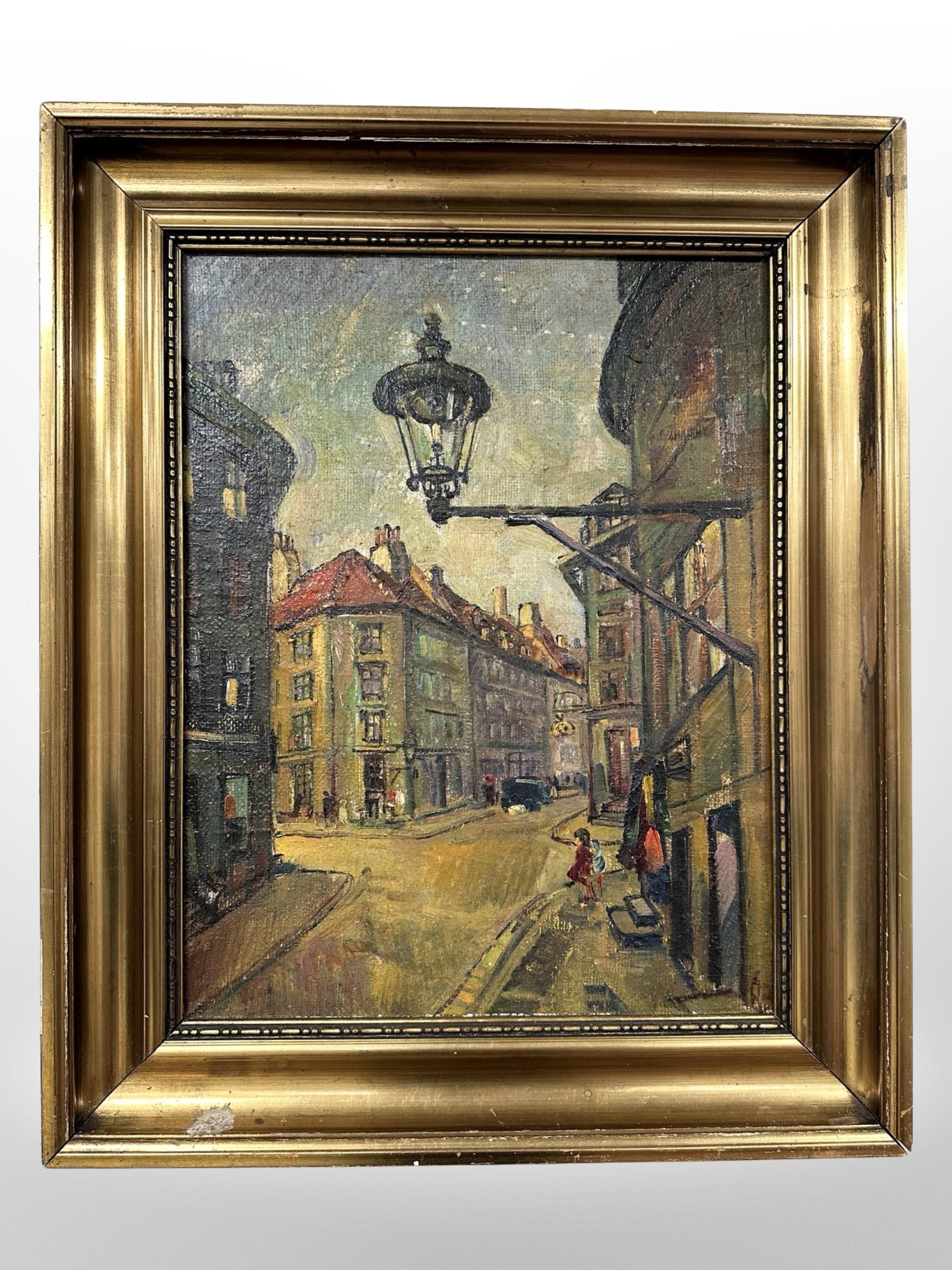 Danish school : Figures at a crossroads, oil on canvas, 34cm x 44cm.