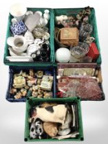 Five crates containing assorted ceramics, teddy bear ornaments, home wares.