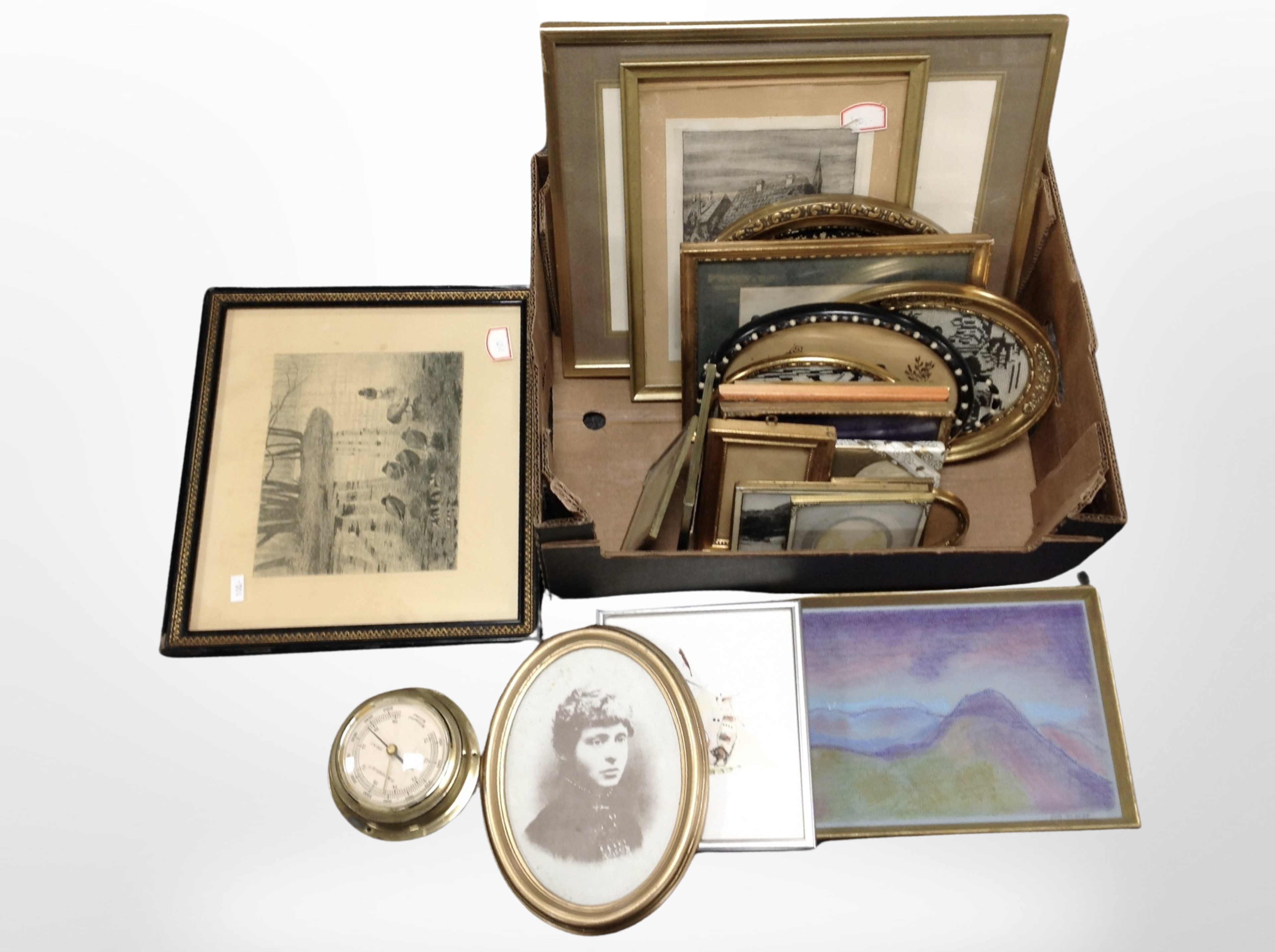 A box of antiquarian and later pictures and prints, monochrome engravings, silhouette pictures.