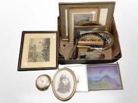 A box of antiquarian and later pictures and prints, monochrome engravings, silhouette pictures.