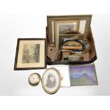 A box of antiquarian and later pictures and prints, monochrome engravings, silhouette pictures.