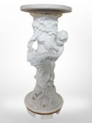 A ceramic pedestal jardiniere stand with white marble top, height 67cm.