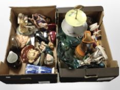 Two boxes containing continental figures, Royal Doulton character jugs,