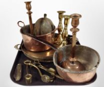 Antique metal wares to include two pairs of brass and copper candlesticks, a brass gallery tray,