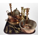 Antique metal wares to include two pairs of brass and copper candlesticks, a brass gallery tray,
