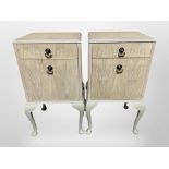 A pair of bleached walnut bedside cabinets on cabriole legs, 42cm wide x 34cm deep x 75cm high.