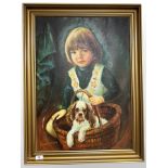 F Hoffman : Portrait of a girl with a puppy, oil on canvas, 50cm x 70cm.