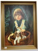 F Hoffman : Portrait of a girl with a puppy, oil on canvas, 50cm x 70cm.