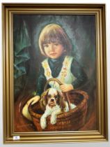 F Hoffman : Portrait of a girl with a puppy, oil on canvas, 50cm x 70cm.