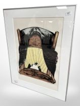 A continental colour print depicting a chair, indistinctly signed, overall 60cm x 75cm,.