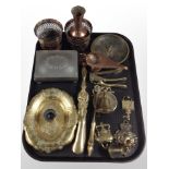 A group of antique metal wares including pair of English Arts and Crafts copper plant holders,