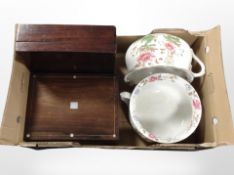 A Victorian inlaid rosewood table box and mahogany example, and two ceramic chamber pots.