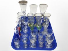 A group of 20th-century Scandinavian drinking glasses including tall blue and white air-twist stem