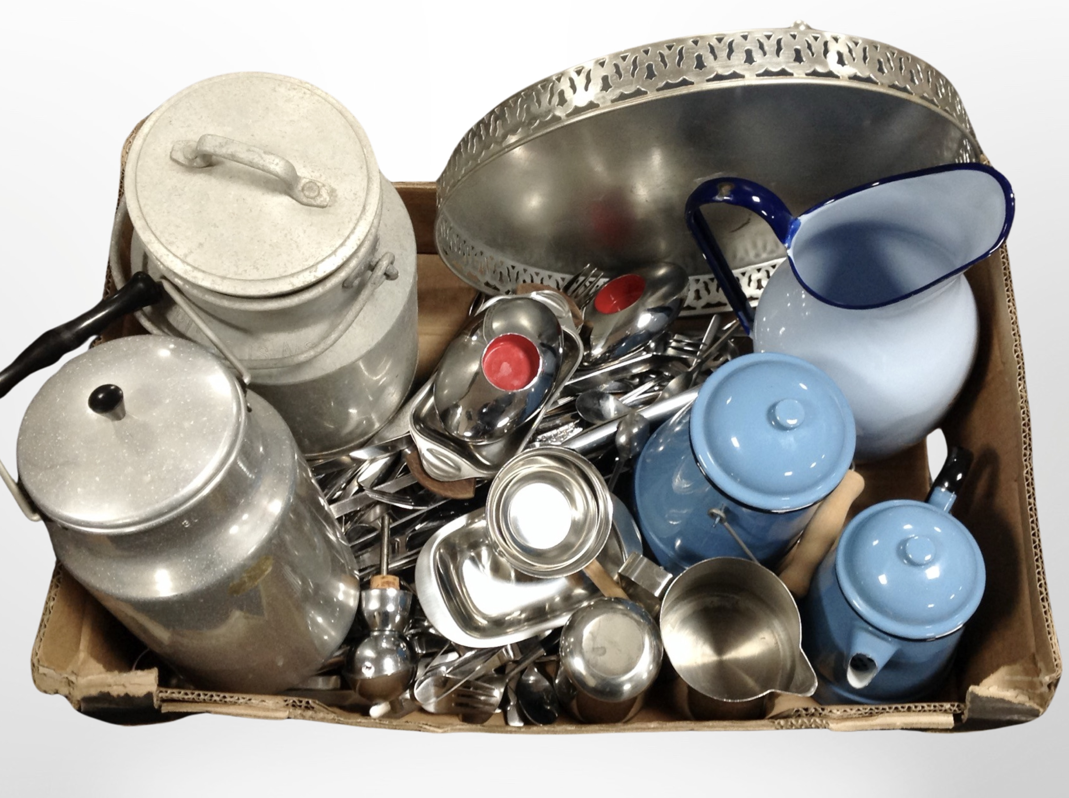 A box of Danish enameled kitchen storage jar and teapot, stainless steel cutlery, galvanised churn,