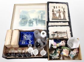 Two boxes of crystal Toby and character jug ornaments, Egyptian papyrus pictures, etc.