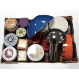 A box of vintage Danish tins, Herstal mushroom table lamp, jug, bowl, etc.