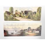 A continental oil paintings depicting buildings by a coast, 88cm x 33cm,