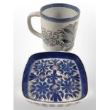 A Royal Copenhagen fajance mug, and a Danish square-shaped blue and white dish.