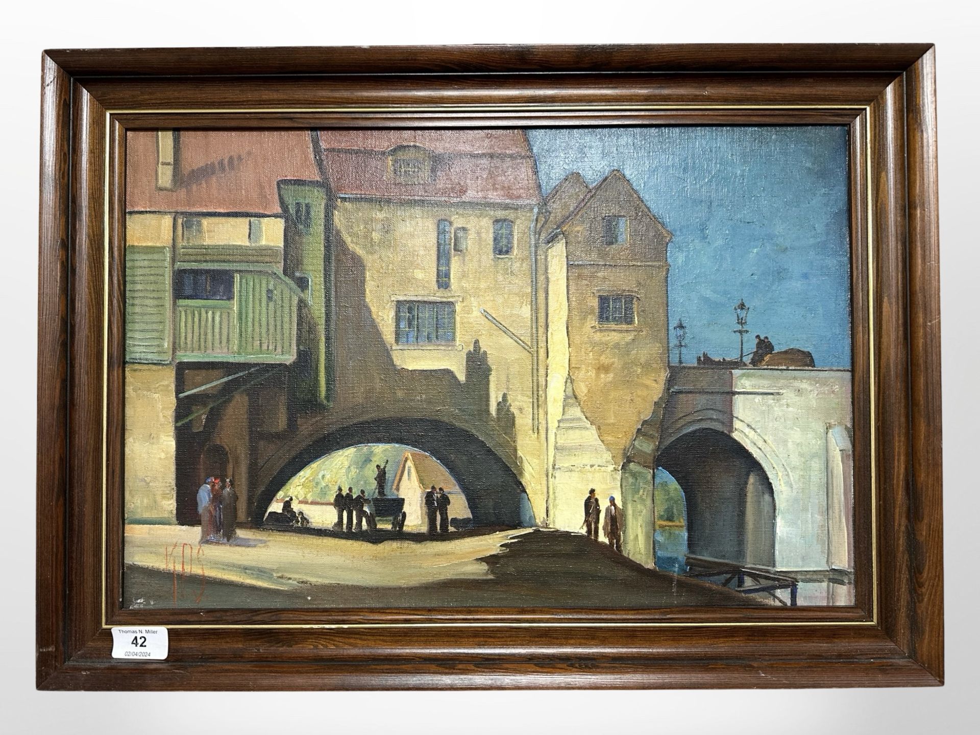 Continental school : figures by a bridge, oil on canvas, 48cm x 32cm.