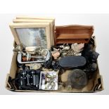 A box containing two pairs of binoculars, Salters balance scale, silver-plated wares,