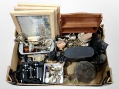 A box containing two pairs of binoculars, Salters balance scale, silver-plated wares,