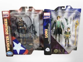 Two Marvel Select action figures, Loki and The Winter Soldier, boxed.