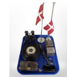 Two Danish chrome desk flagpoles, together with antique binoculars, barometer,