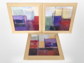 Three contemporary abstract prints in pine frames, 49cm x 49cm overall.