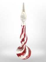 A large twist glass decanter with stopper, height 64cm.
