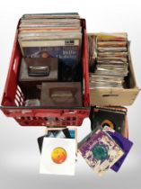 Two boxes containing vinyl LP records and 7-inch singles, mixed artists, compilations.