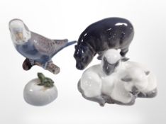 A Royal Copenhagen hippo, pair of sheep and frog sitting on rock,