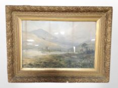 A landscape print after A Blair in decorative oak leaf and acorn-motif frame, overall 100cm x 74cm.