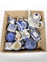 A box of Ringtons blue and white ornaments including tea china, chintz items, caddies.