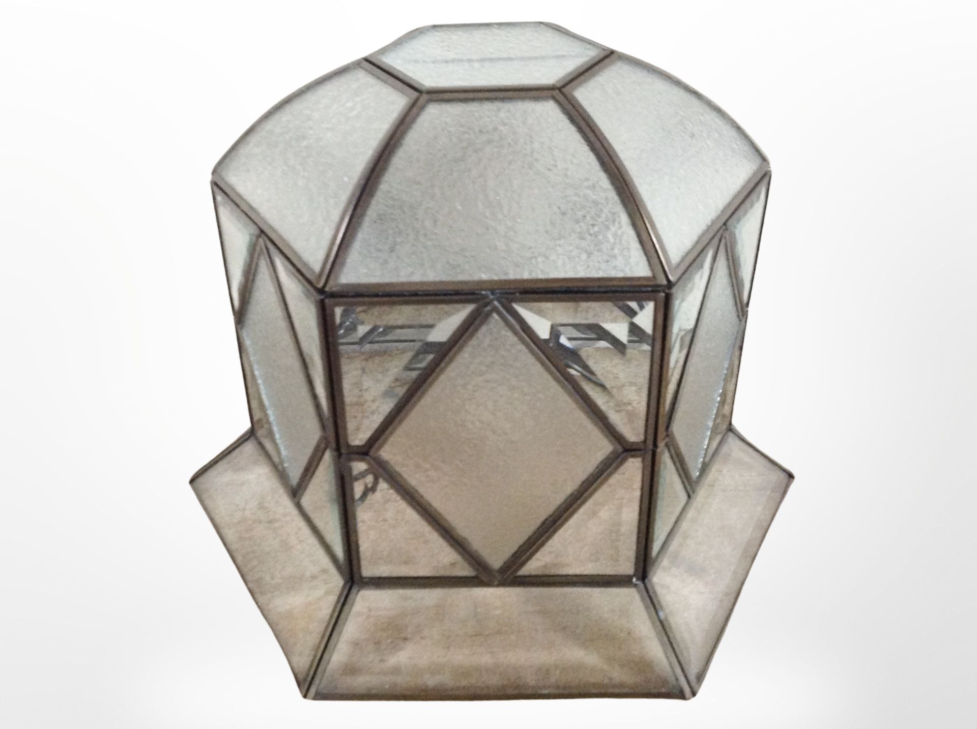A metal and glass light shade, diameter 24cm.