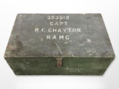 A painted pine military trunk with stenciled writing, Capt.