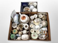 Three boxes of assorted ceramics, Copeland Chinese rose tea china, various teapots,