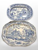 Two 19th century blue and white willow pattern meat plates,