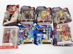 Eight Bandai and other figures including Power Rangers, Marvel, etc.