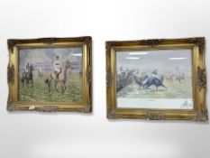 A colour print depicting jockeys on horseback,