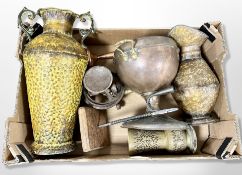 A box of metal wares, twin handled vase,