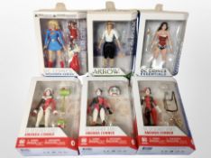 Six DC Collectables figures, including Harley Quinn, etc.