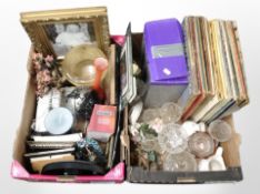 Two boxes of assorted homewares, picture frames, lps,