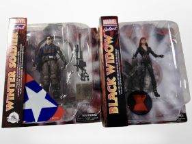 Two Marvel Select figurines, The Winter Soldier and Black Widow, boxed.